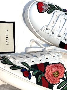 Gucci White Leather Sneakers with Red & Green Web and Pink Floral Embroidery